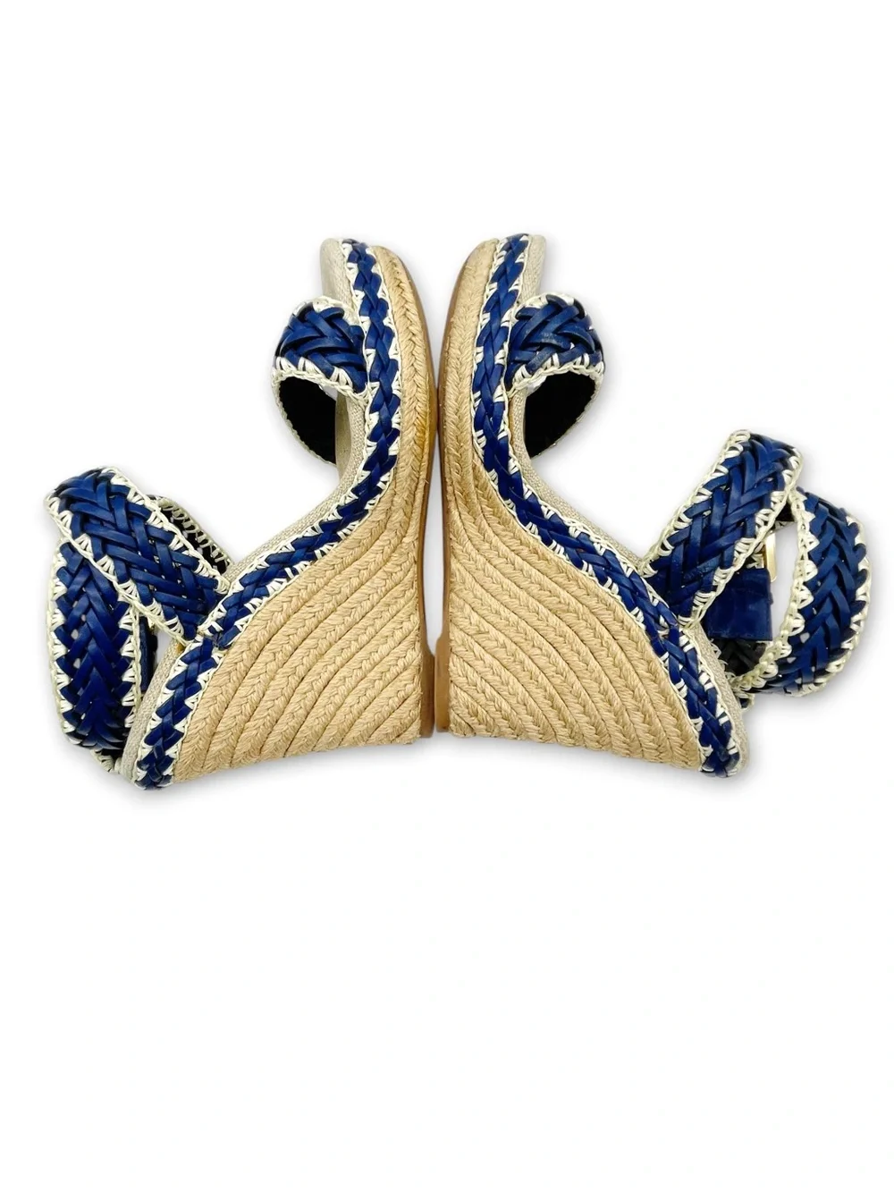 Tory Burch Lilah Espadrille Wedge Sandals Size 37 Cobalt Natural Braided Leather